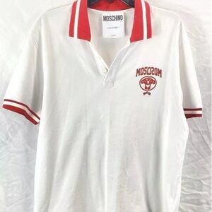Moschino White and Red Polo Shirt with Striped Collar and short sleeves